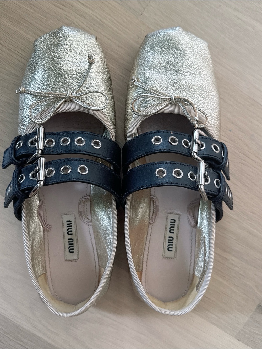 RARE Miu Miu Metallic Leather Ballet Flats with Buckled Straps & Ribbon Laces - Picture 6 of 12